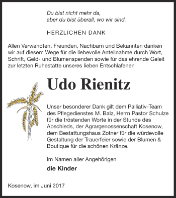 Traueranzeige von Udo Rienitz von Vorpommern Kurier