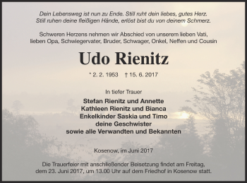 Traueranzeige von Udo Rienitz von Vorpommern Kurier