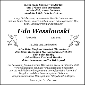 Traueranzeige von Udo Wesslowski von Pasewalker Zeitung