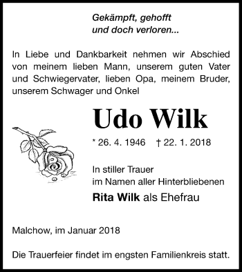 Traueranzeige von Udo Wilk von Müritz-Zeitung