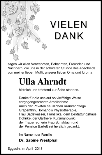 Traueranzeige von Ulla Ahrndt von Haff-Zeitung