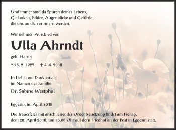 Traueranzeige von Ulla Ahrndt von Haff-Zeitung