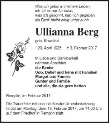 Traueranzeige von Ullianna Berg von Mecklenburger Schweiz