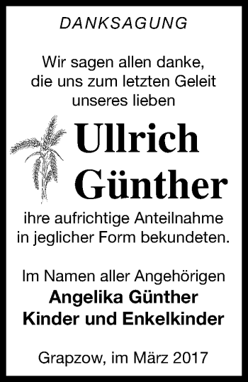 Traueranzeige von Ullrich Günther von Neubrandenburger Zeitung