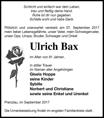 Traueranzeige von Ulrich Bax von Prenzlauer Zeitung