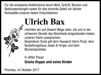 Traueranzeige von Ulrich Bax von Prenzlauer Zeitung