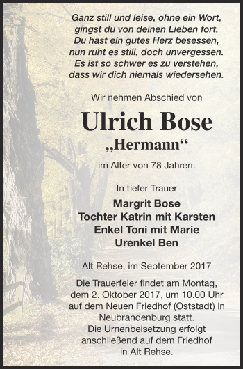 Traueranzeige von Ulrich Bose von Müritz-Zeitung