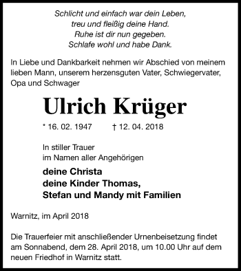 Traueranzeige von Ulrich Krüger von Prenzlauer Zeitung