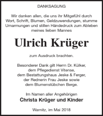 Traueranzeige von Ulrich Krüger von Prenzlauer Zeitung