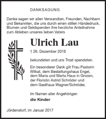 Traueranzeige von Ulrich Lau von Mecklenburger Schweiz