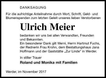 Traueranzeige von Ulrich Meier von Vorpommern Kurier