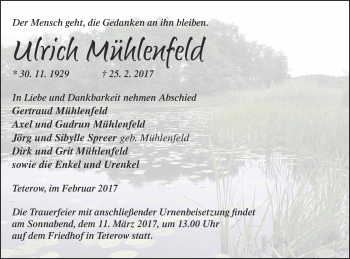 Traueranzeige von Ulrich Mühlenfeld von Mecklenburger Schweiz