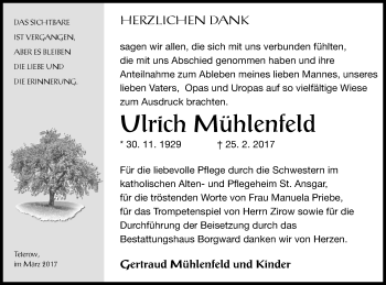 Traueranzeige von Ulrich Mühlenfeld von Mecklenburger Schweiz