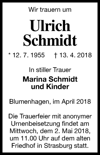 Traueranzeige von Ulrich Schmidt von Pasewalker Zeitung