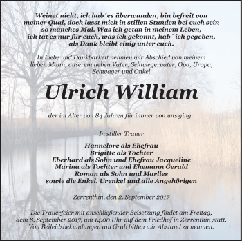 Traueranzeige von Ulrich William von Pasewalker Zeitung