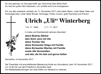 Traueranzeige von Ulrich Winterberg von Pasewalker Zeitung