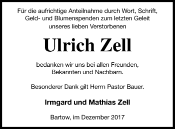 Traueranzeige von Ulrich Zell von Neubrandenburger Zeitung