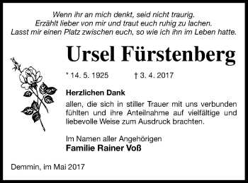 Traueranzeige von Ursel Fürstenberg von Demminer Zeitung