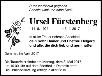 Traueranzeige von Ursel Fürstenberg von Demminer Zeitung