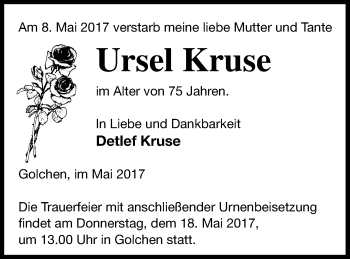 Traueranzeige von Ursel Kruse von Neubrandenburger Zeitung