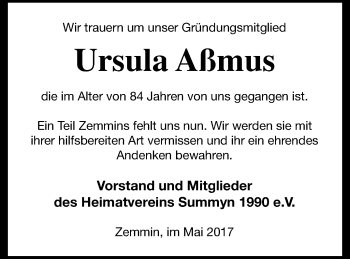 Traueranzeige von Ursula Aßmus von Vorpommern Kurier