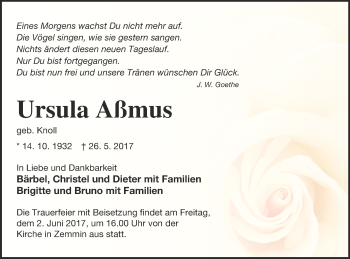 Traueranzeige von Ursula Aßmus von Vorpommern Kurier