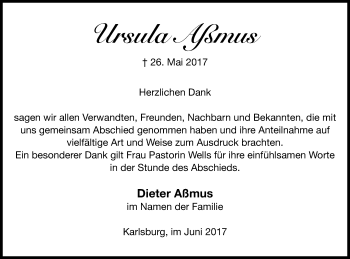 Traueranzeige von Ursula Aßmus von Vorpommern Kurier