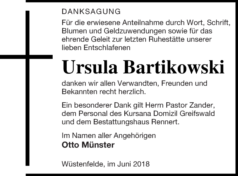  Traueranzeige für Ursula Bartikowski vom 21.06.2018 aus Vorpommern Kurier