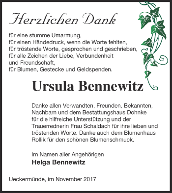 Traueranzeige von Ursula Bennewitz von Haff-Zeitung