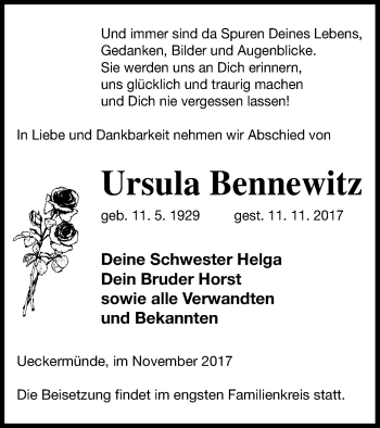 Traueranzeige von Ursula Bennewitz von Haff-Zeitung