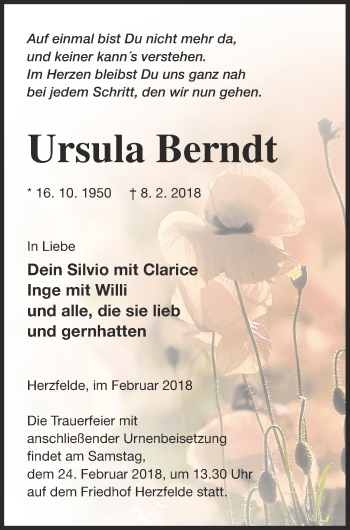 Traueranzeige von Ursula Berndt von Templiner Zeitung