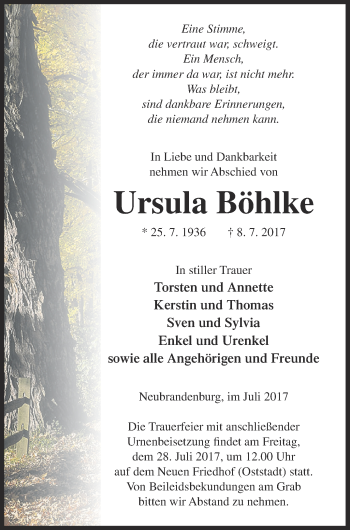 Traueranzeige von Ursula Böhlke von Neubrandenburger Zeitung