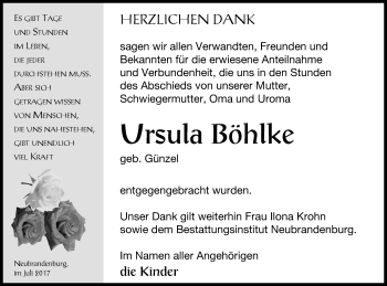 Traueranzeige von Ursula Böhlke von Neubrandenburger Zeitung