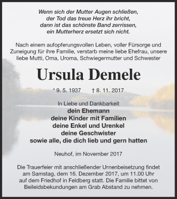 Traueranzeige von Ursula Demele von Strelitzer Zeitung