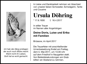 Traueranzeige von Ursula Döhring von Prenzlauer Zeitung