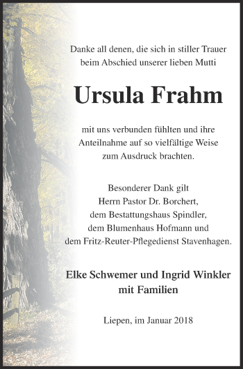 Traueranzeige von Ursula Frahm von Mecklenburger Schweiz