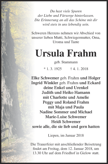 Traueranzeige von Ursula Frahm von Mecklenburger Schweiz