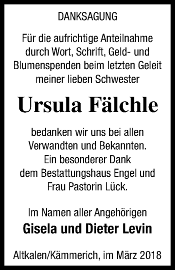 Traueranzeige von Ursula Fälchle von Mecklenburger Schweiz