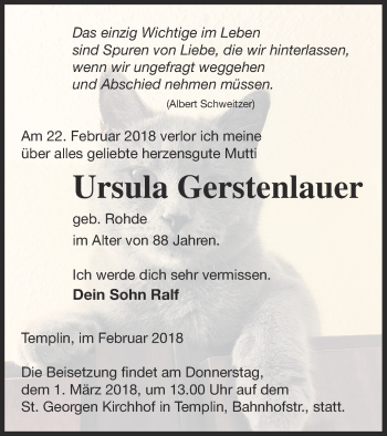 Traueranzeige von Ursula Gerstenlauer von Templiner Zeitung