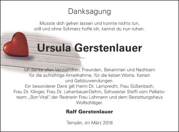 Traueranzeige von Ursula Gerstenlauer von Templiner Zeitung