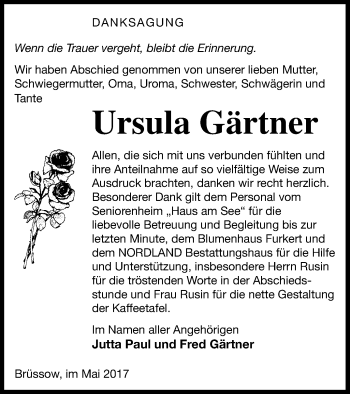 Traueranzeige von Ursula Gärtner von Prenzlauer Zeitung