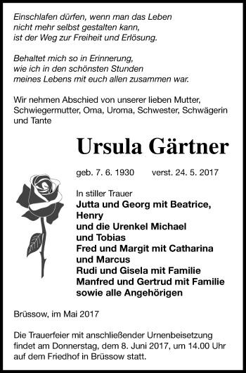 Traueranzeige von Ursula Gärtner von Prenzlauer Zeitung