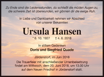 Traueranzeige von Ursula Hansen von Mecklenburger Schweiz