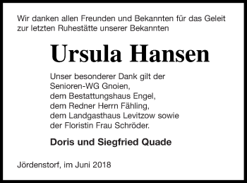 Traueranzeige von Ursula Hansen von Mecklenburger Schweiz