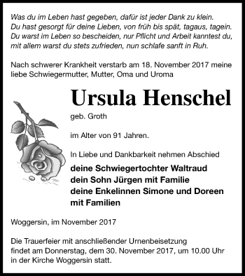 Traueranzeige von Ursula Henschel von Neubrandenburger Zeitung