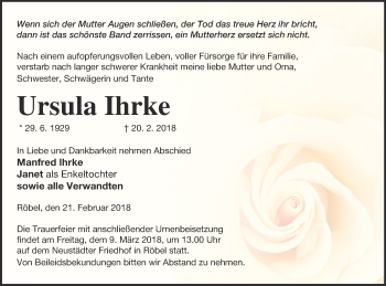 Traueranzeige von Ursula Ihrke von Müritz-Zeitung