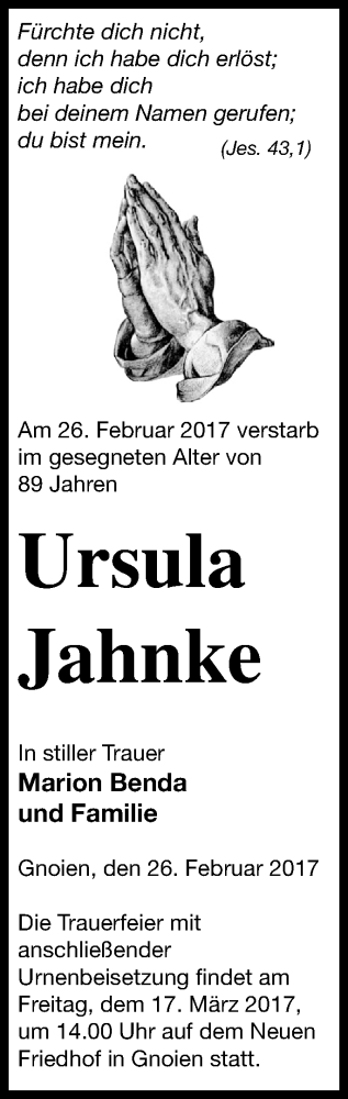 Traueranzeige von Ursula Jahnke von Mecklenburger Schweiz