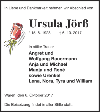 Traueranzeige von Ursula Jörß von Müritz-Zeitung