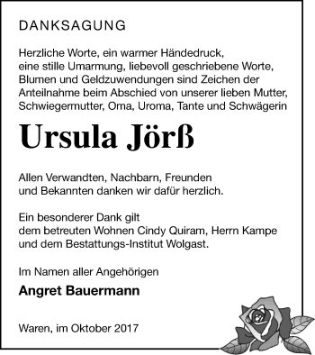 Traueranzeige von Ursula Jörß von Müritz-Zeitung
