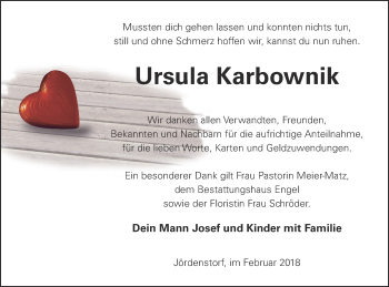 Traueranzeige von Ursula Karbownik von Mecklenburger Schweiz